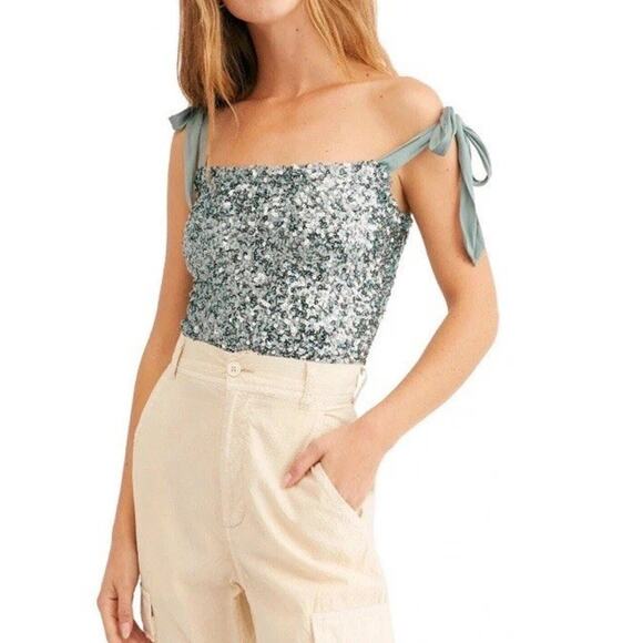 Free People Sequin Top XS Hey Girl Cami Sparkly Crop Festive Party Square Neck - Picture 1 of 7
